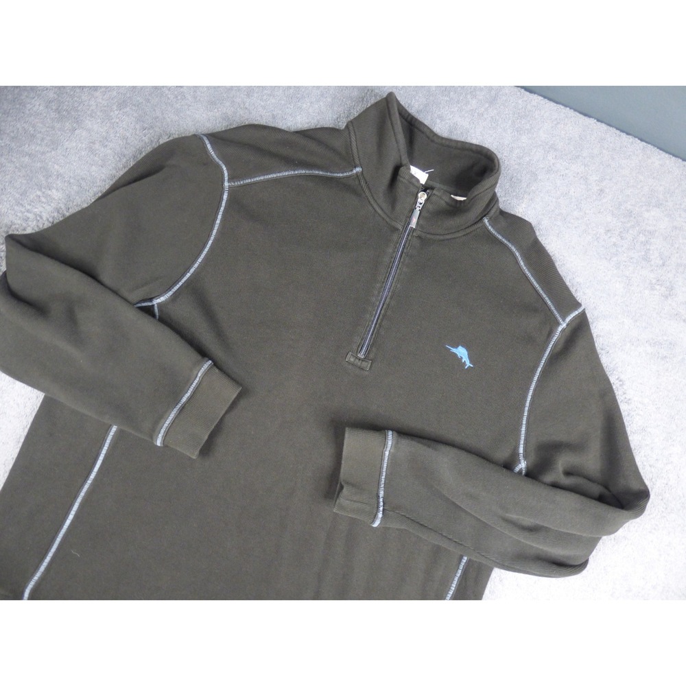 Tommy Bahama Relax Mens XL Black Quarter Zip Pullover Contrast Stitch